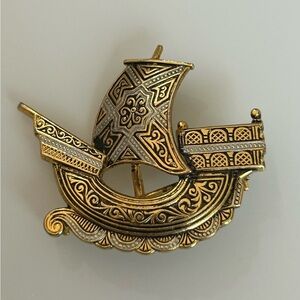 Vintage Damascene Ship Brooch